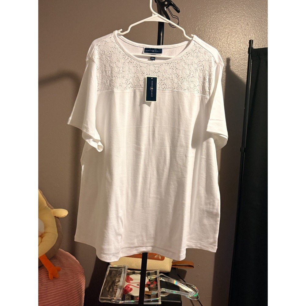 Karen Scott White Blouse with Floral Cutout Short Sleeve Sz‎ 3X